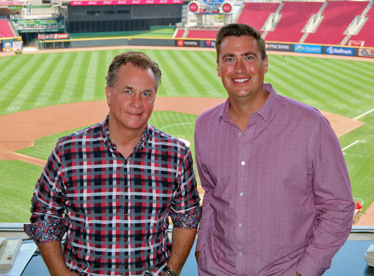 Tommy Thrall (right) and Jeff Brantley broadcast Opening Day on Friday, July 24.